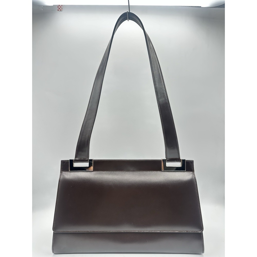 GUCCI GG Enamel Leather Tote Handbag Brown Silver Used Vintage